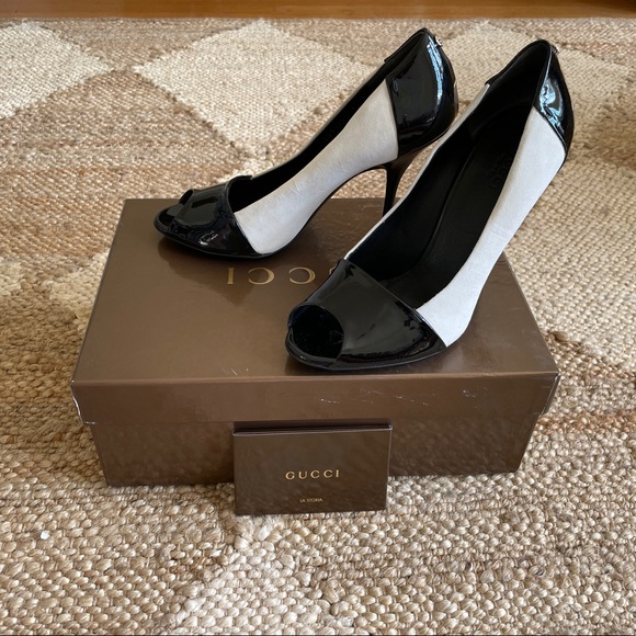 NWT Gucci Suede & Patent Leather Interlocking G Logo Peep-Toes Stiletto Heel 37 - Picture 6 of 10